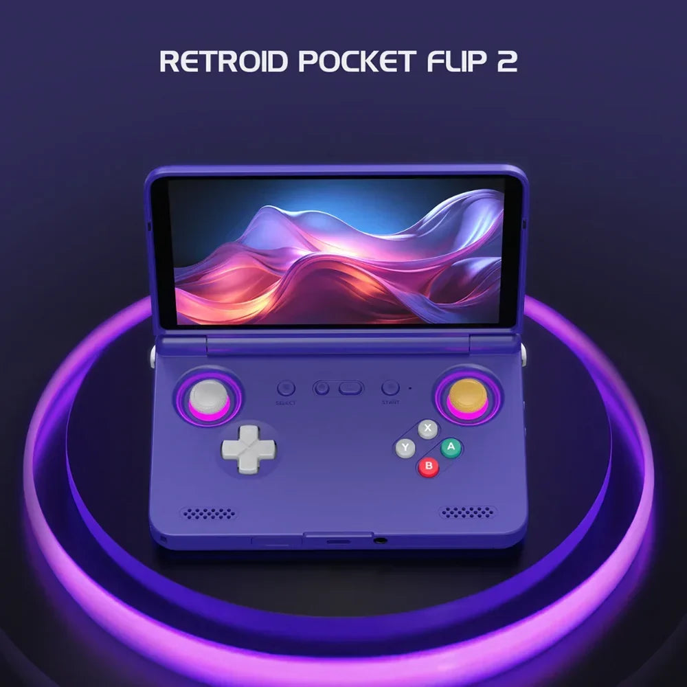Retroid Pocket 5 vs Pocket Flip 2: the purple Pocket Flip 2 open with its screen lit
