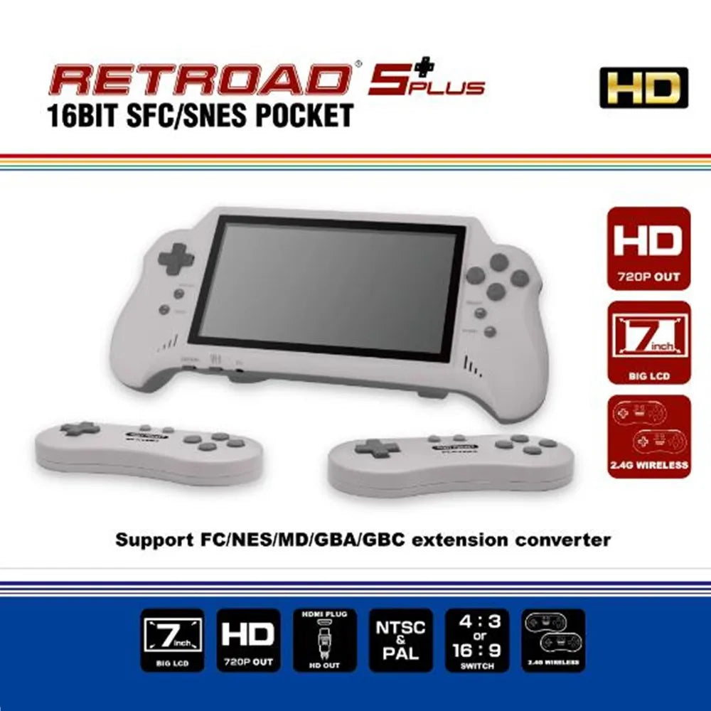16BIT HD ULTRA SNES POCKET RETROAD 5PLUS Video Game Console Handheld Player 7inch Big Screen 2.4G Wireless Controllers