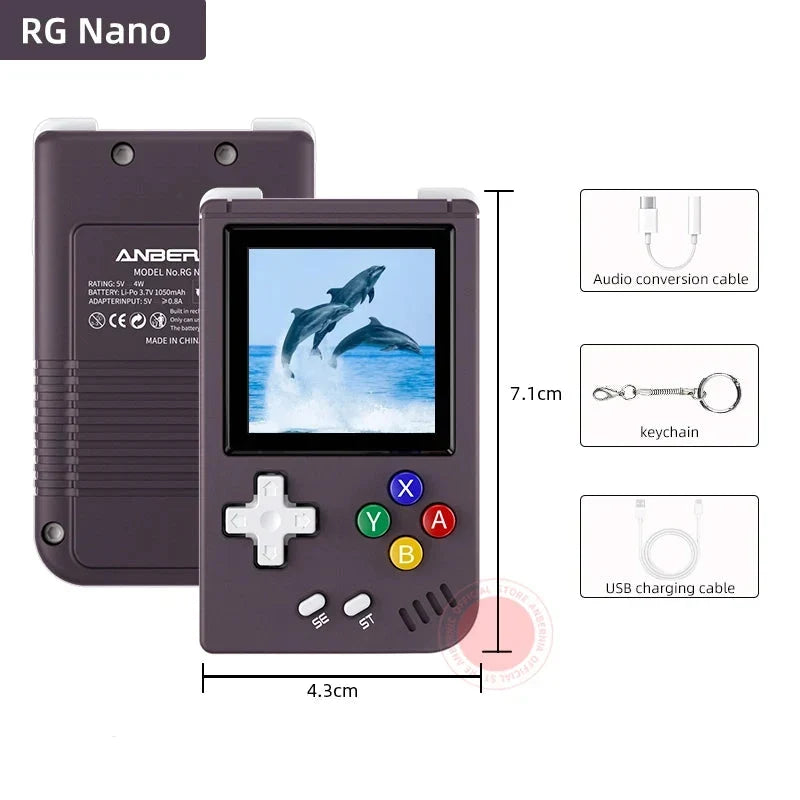 Handheld gaming console with display, buttons, and dimensions on a white background