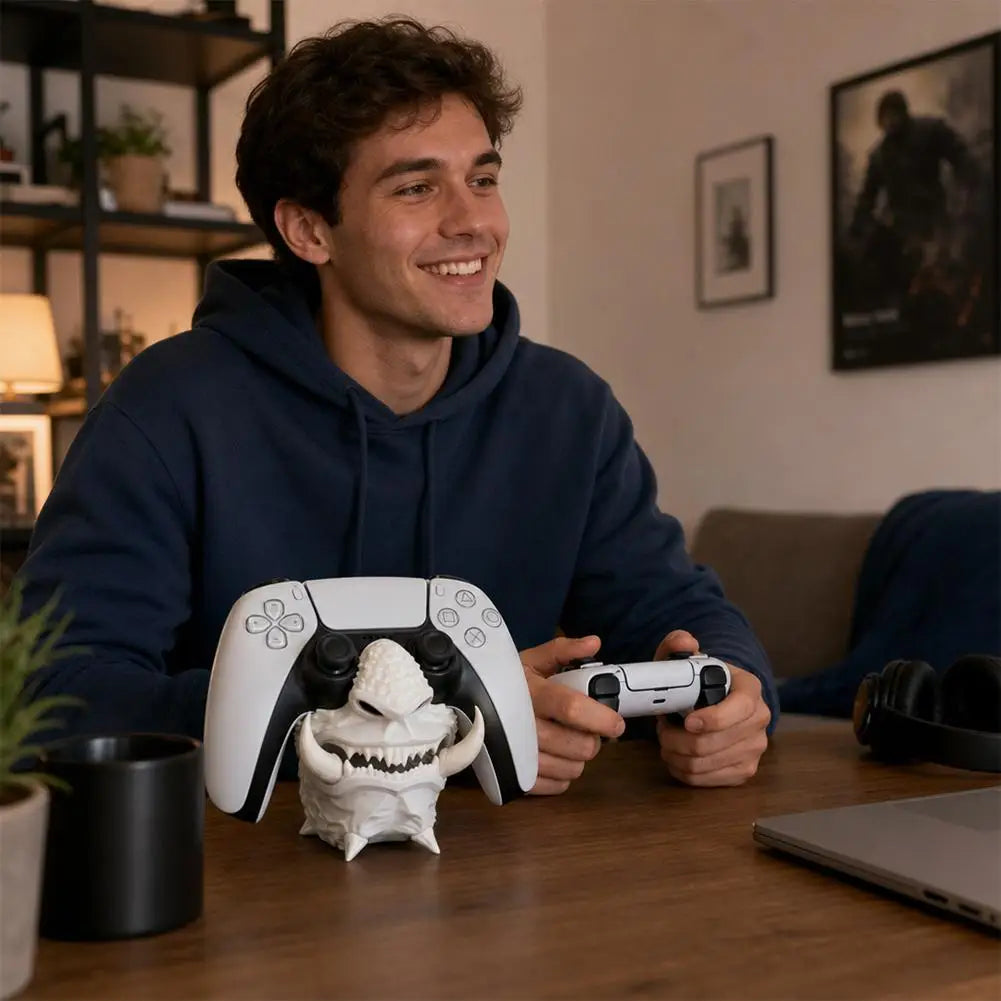 3D Printed Samurai Oni Mask Controller Stand for PS5 Gamepad Holder with Fangs Stable Desktop Storage for Gaming Setup