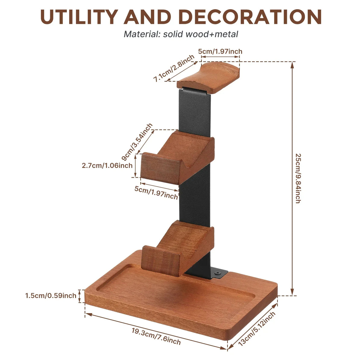 3-Layer Solid Wood Desktop Headphone and Controller Stand