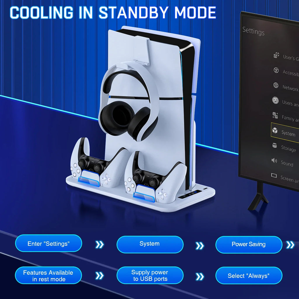 DinoFire For PS5 Slim Disc/Digital Fast Gamepad Charging Cooling Stand Vertical Cooling Station For PlayStation 5