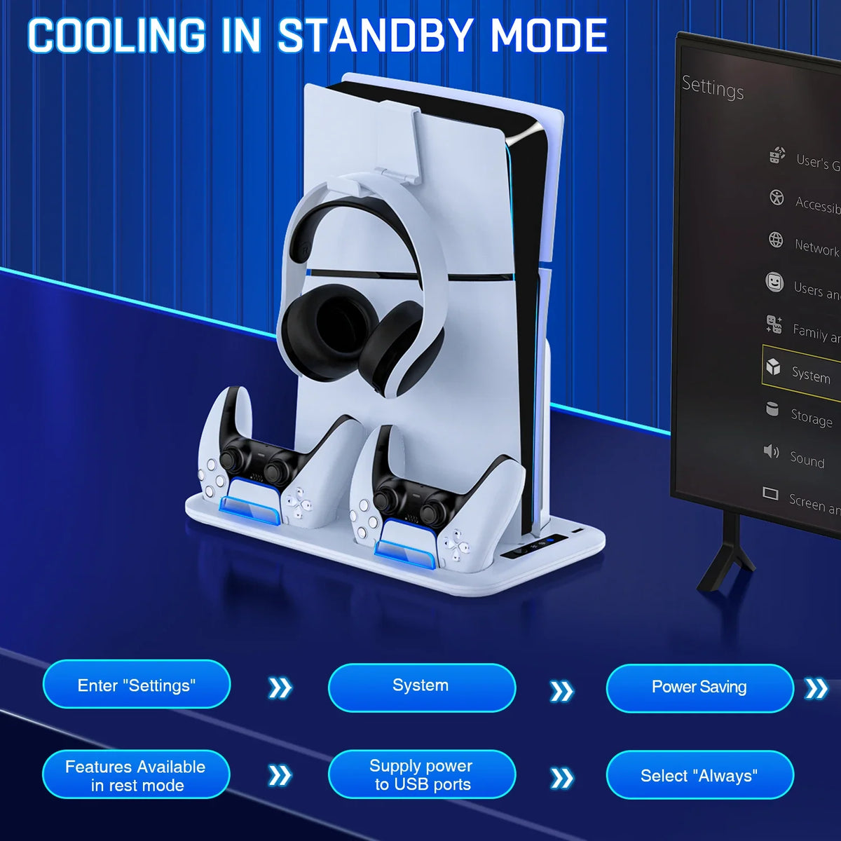 DinoFire For PS5 Slim Disc/Digital Fast Gamepad Charging Cooling Stand Vertical Cooling Station For PlayStation 5