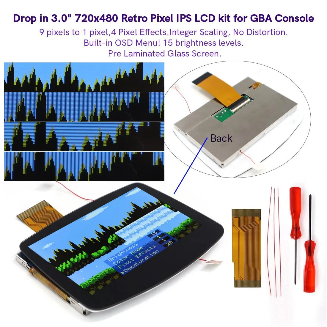 GBA V5 Laminated IPS LCD Kit, 720x480 HD, OSD, 8 Color Modes