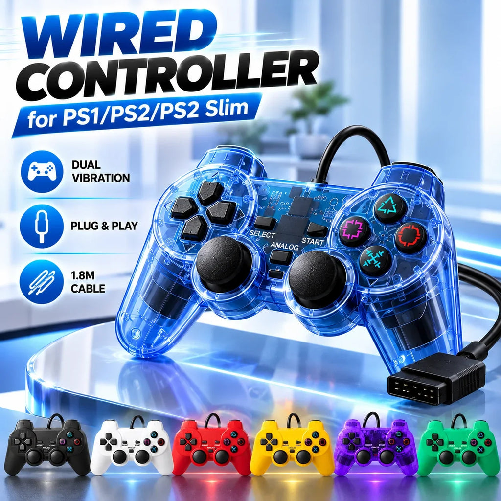 Wired Gamepad Controller for PS1/PS2/PS2 Slim Console Transparent Dual Motor Vibration Joypad Joystick Gaming Accessories