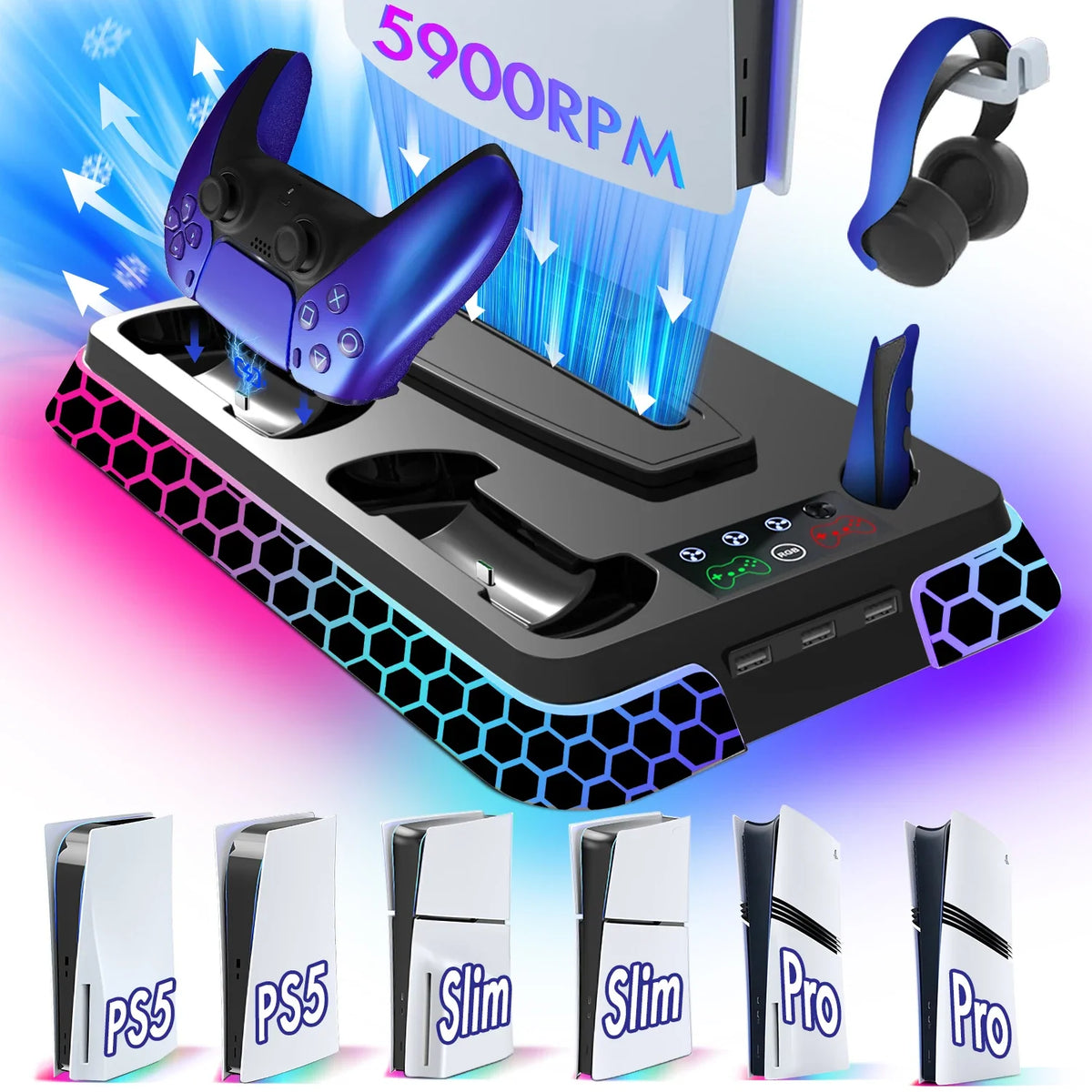 ipega YH66S Cooling Stand for PS5, PS5 Slim & PS5 Pro with RGB
