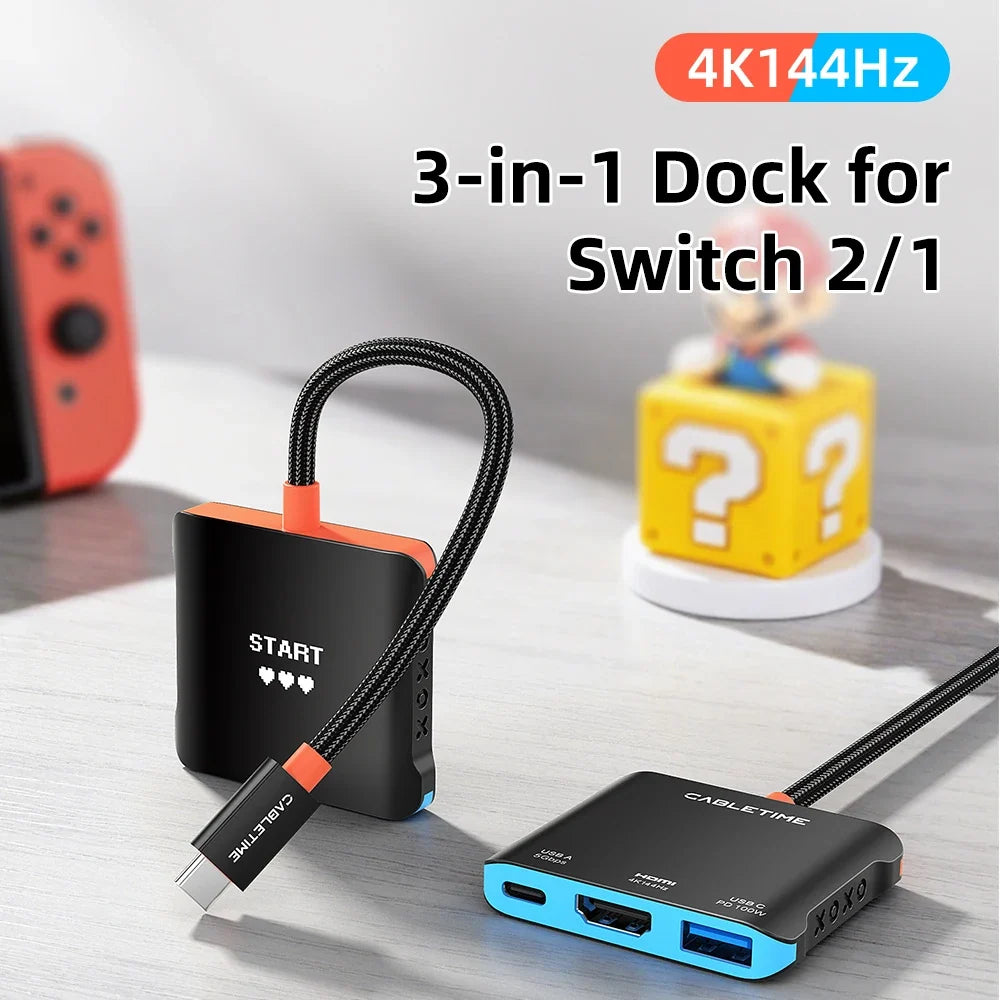 CABLETIME 3 in 1 USB C Hub for Nintendo Switch 2/Steam Deck 4K144Hz PD100W 5Gbps Portable TV Dock Station with Switch Port