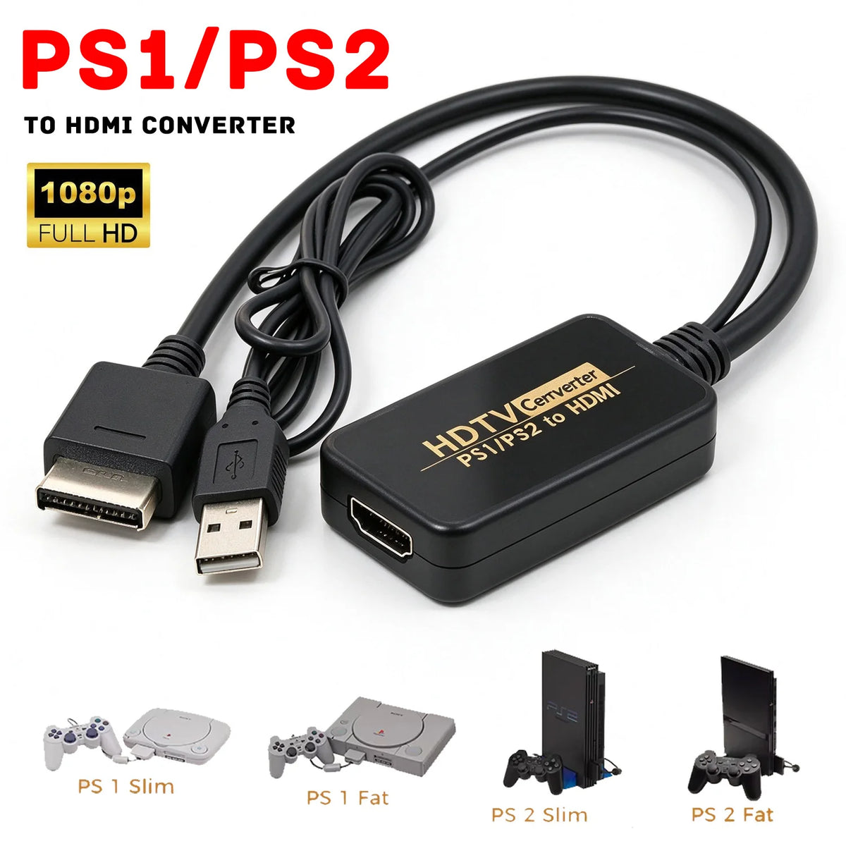 PS1 PS2 to HDMI Converter Adapter 1080P 720P HD Audio Video Cable For PlayStation 1 2 Game Consoles With USB Power Cord For HDTV