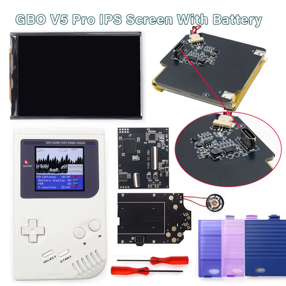 HISPEEDIDO For GameBoy GB DMG IPS V5 LCD Blacklight Screen Kit With TYPE-C USB-C Rechargeable With Housing Shell