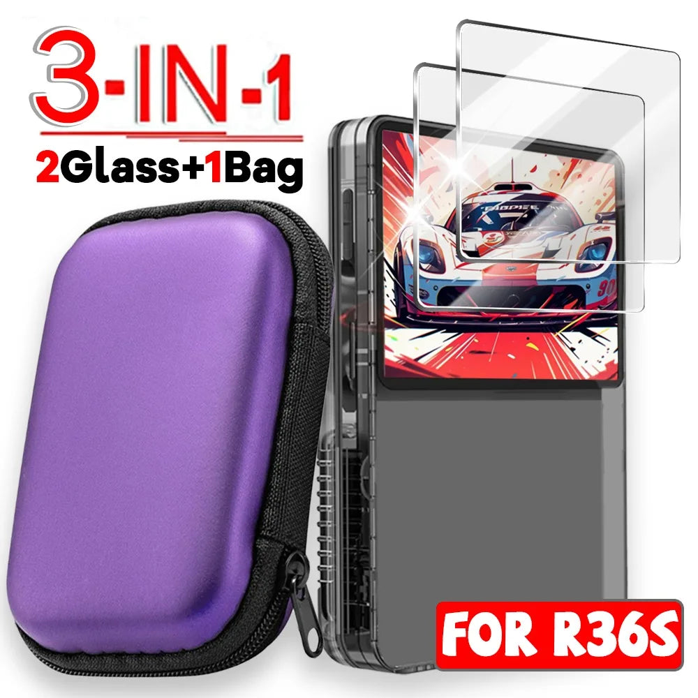 3 in 1 for R36S Game Console Storage Bag Tempered Glass Screen Protectors EVA Hard Portable Protective Cases Anti-scratch Films