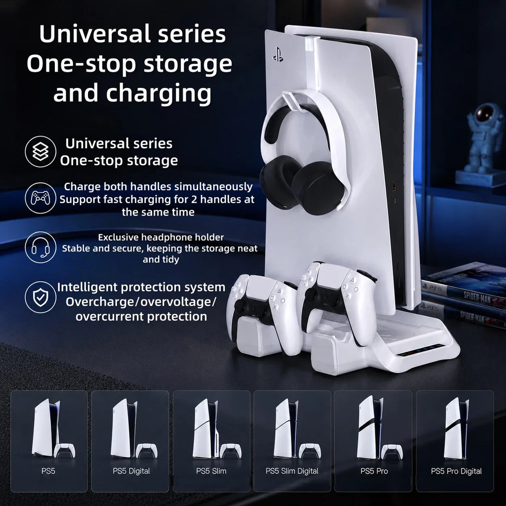 for PS5/PS5 Slim/PS5 Pro Stand with Headphone Hook Cooling Stand & Controller Charging Station for PS5 With 3 Levels Cooling Fan