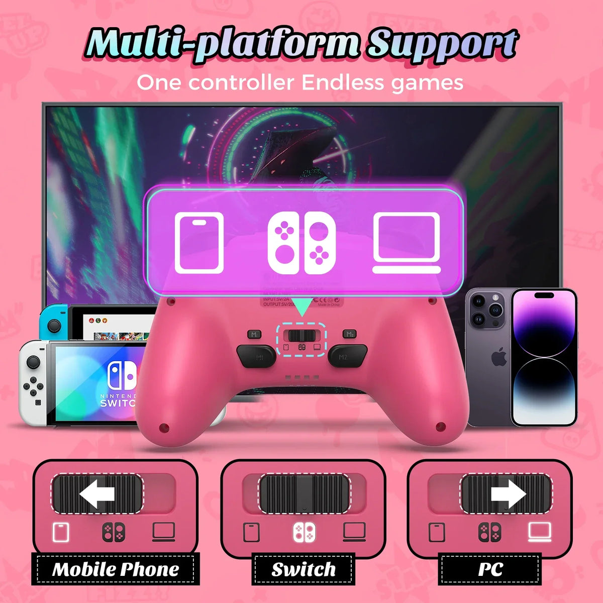 IINE Pink Wireless Controller with Charging Dock, NFC Amiibo