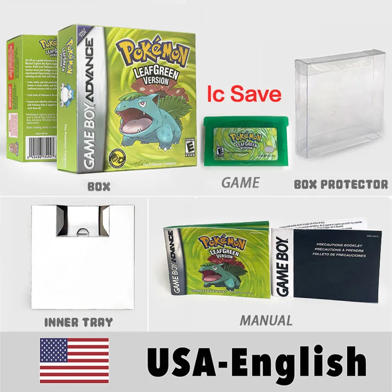 USA English IC Save Emerald,Ruby,Firered,Sapphire,Leafgreen  Metallic FoilFinish Box Trey Manual Game Cartridge for GBA