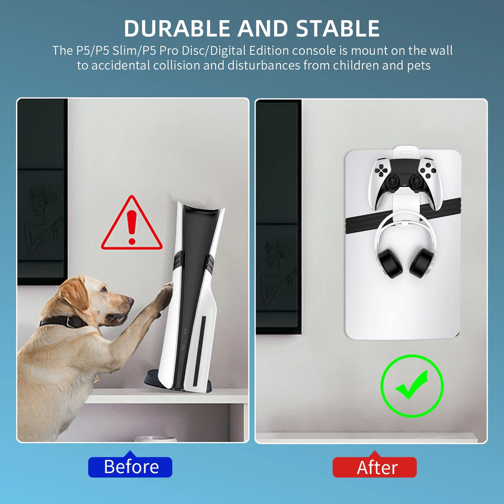 For PS5Pro/Slim Console Wall Mount Hook Set, Metal Wall Hanging Stand P5 with Controller&Headphone
