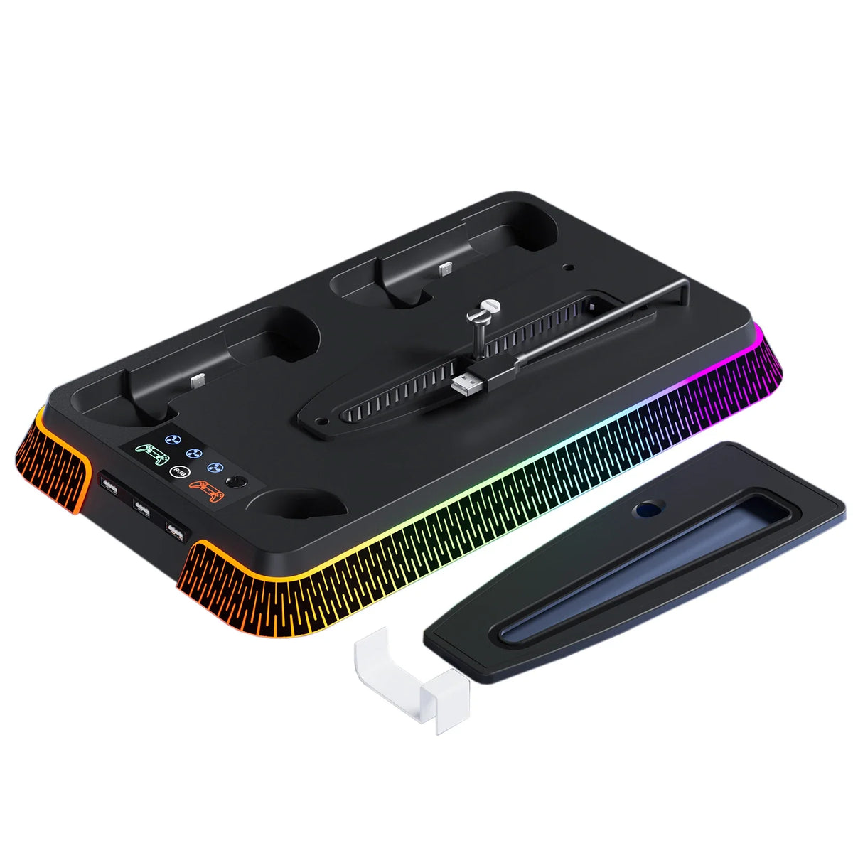 Multi-Functional Vertical RGB Cooling Stand for PS5/PS5 Slim/PS5 Pro – with Controller Charging Dock, Headset Hook & USB Port