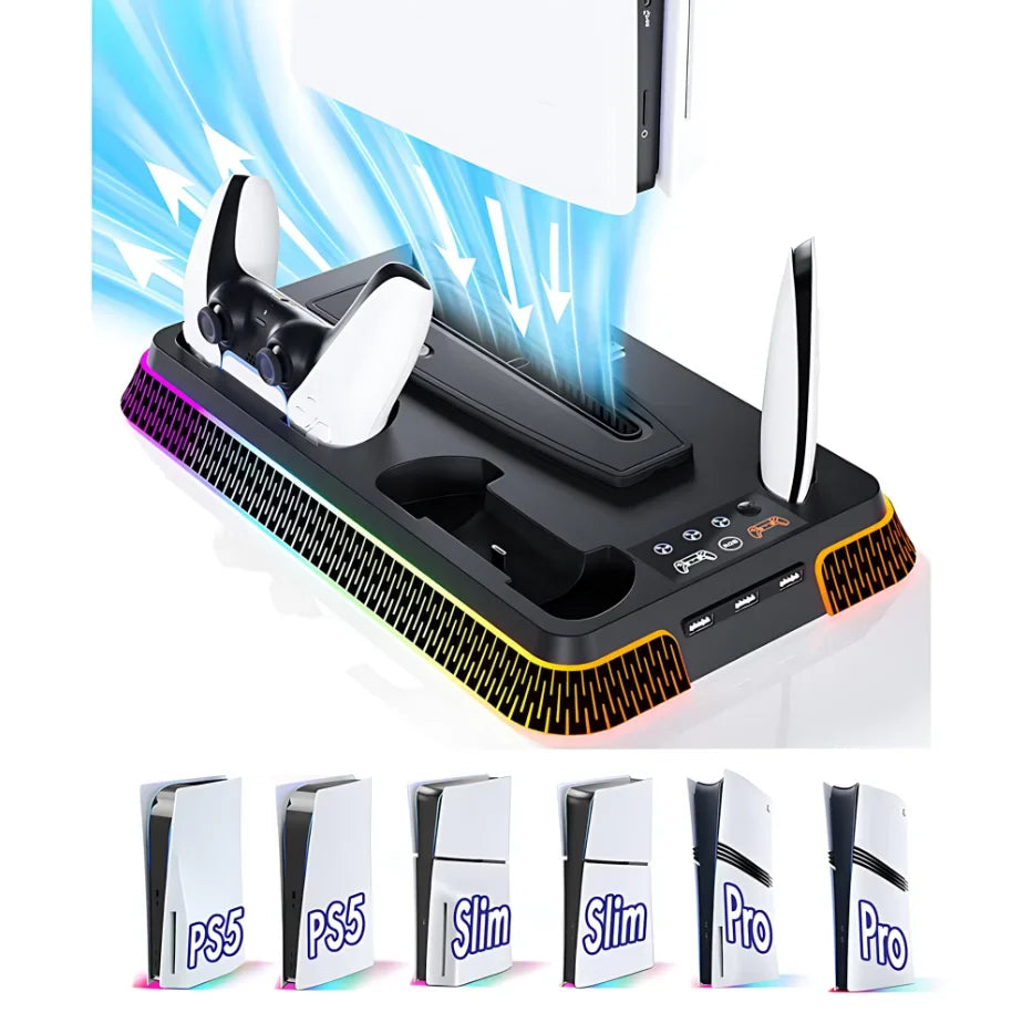 Multi-Functional Vertical RGB Cooling Stand for PS5/PS5 Slim/PS5 Pro – with Controller Charging Dock, Headset Hook & USB Port