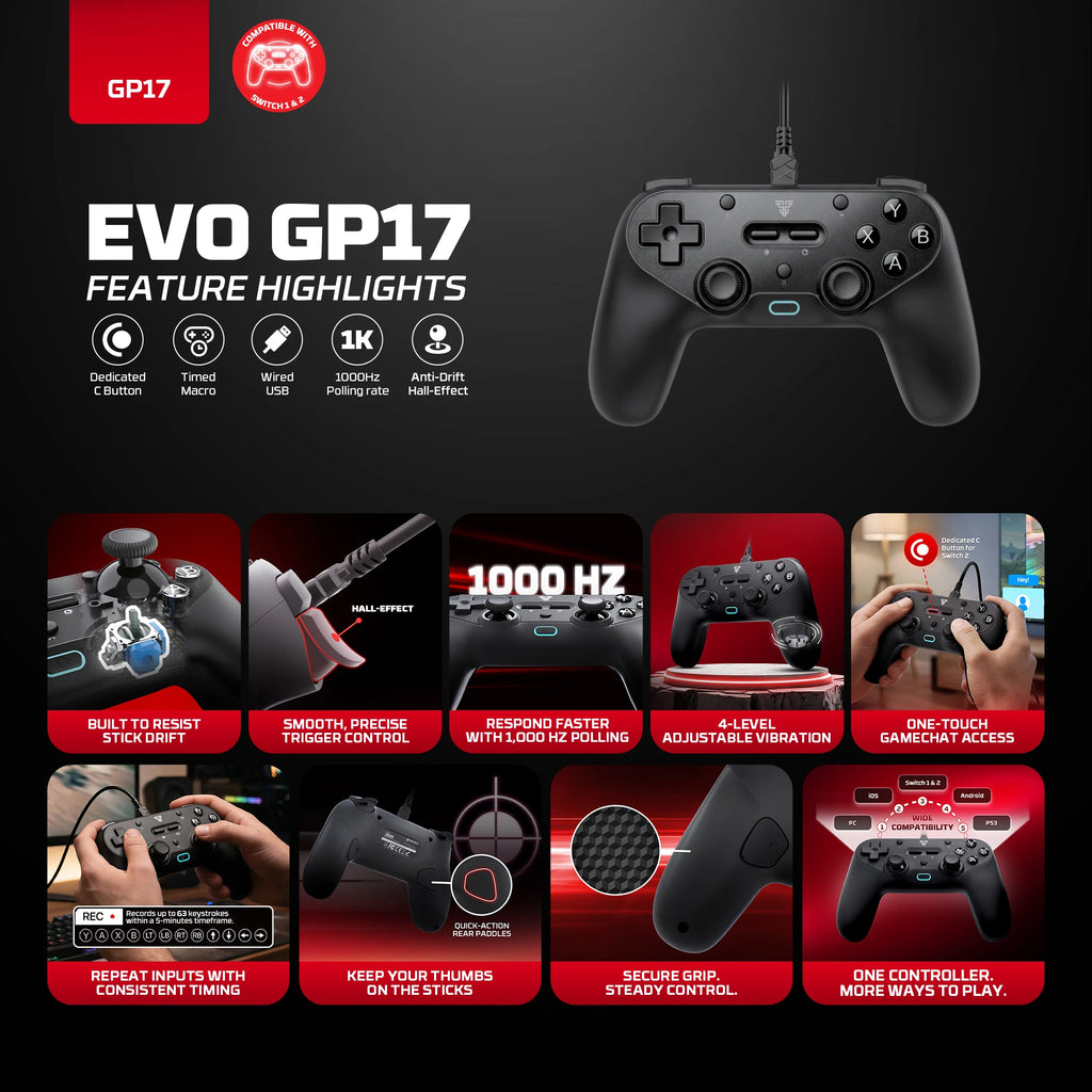 FANTECH EVO GP17 Gaming Multi - Platform Gamepad C Button for Switch2 Hall - Effect Sticks and Triggers Wired Gaming Gamepad