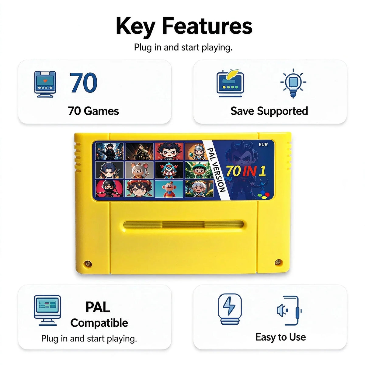 Super 70-in-1 EUR PAL Game Cartridge for SNES, English