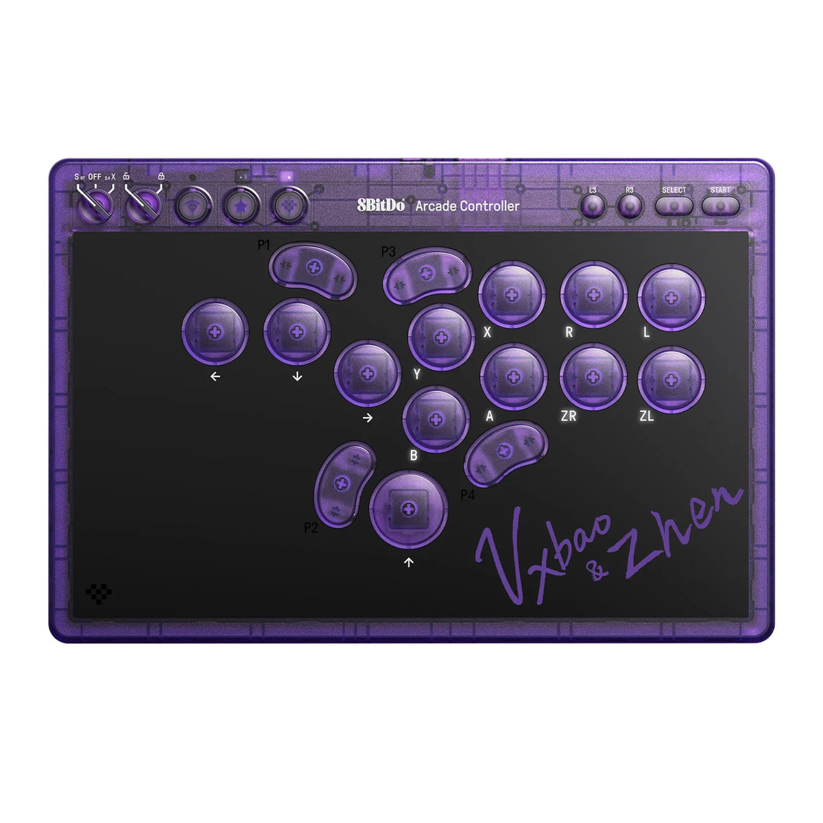 8BitDo Arcade Controller Transparent Purple Signature Edition, Wired, Wireless Bluetooth, 2.4G, Low-profile Mechanical Switches for Nintendo Switch / Switch 2 Windows