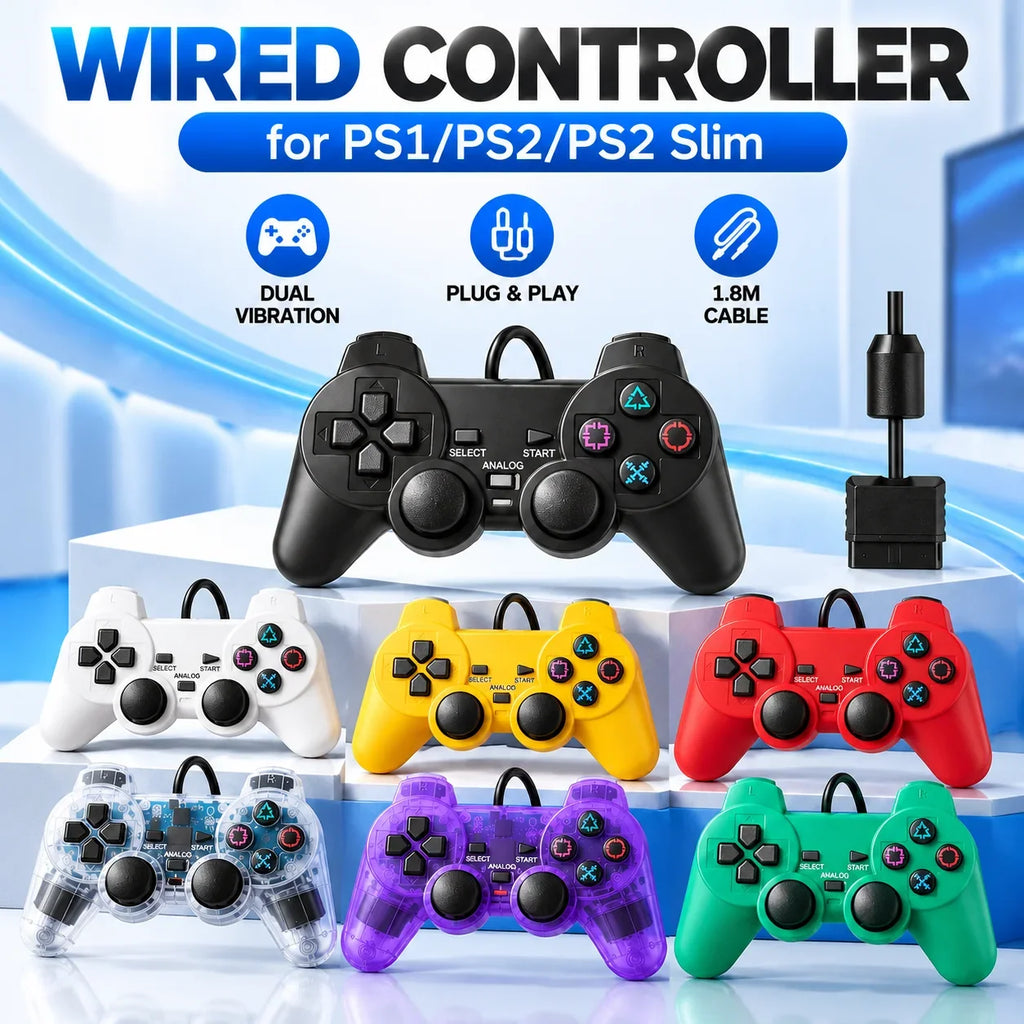 Wired Gamepad Controller for PS1/PS2/PS2 Slim Console Transparent Dual Motor Vibration Joypad Joystick Gaming Accessories