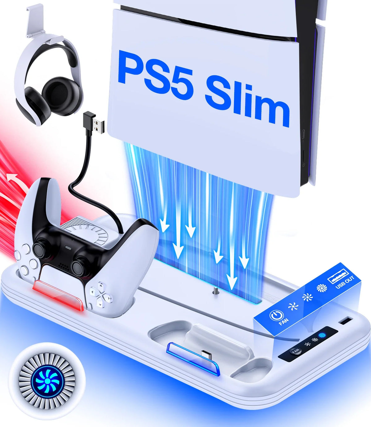 DinoFire For PS5 Slim Disc/Digital Fast Gamepad Charging Cooling Stand Vertical Cooling Station For PlayStation 5