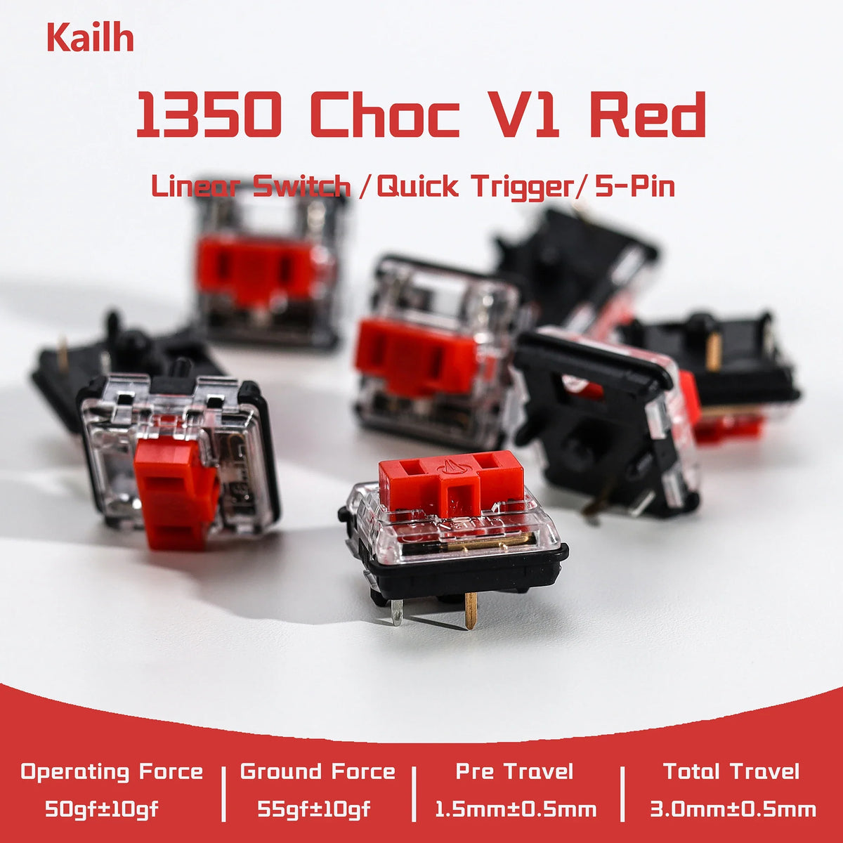 Kailh 1350 Choc V1 Red Linear Low Profile Switches, 10-110pcs