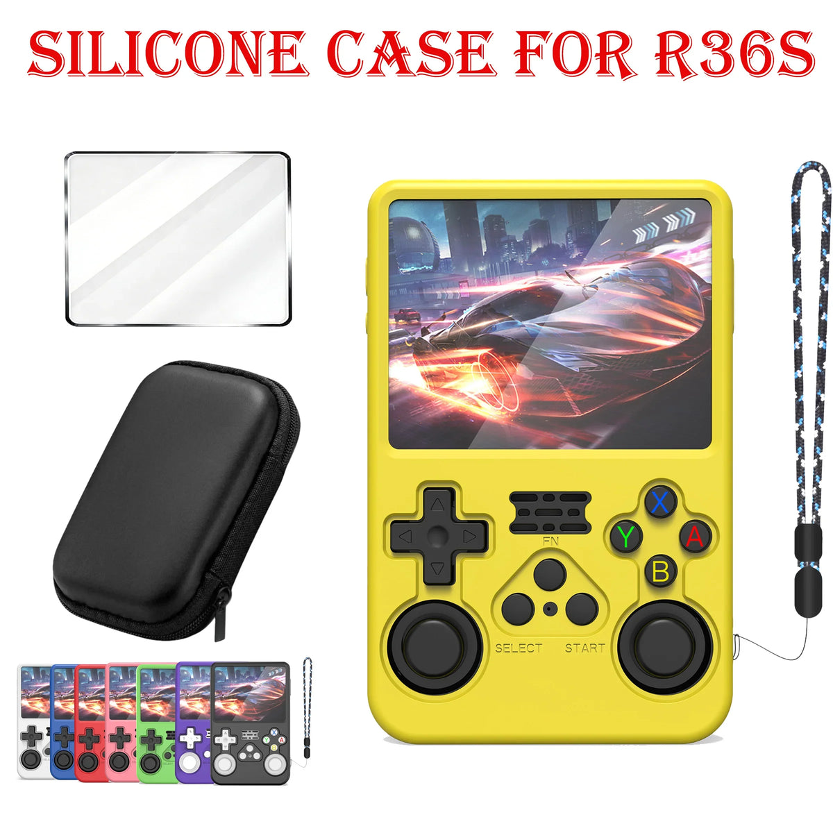 R36S Accessories Set: Silicone Case, Screen Protector, Thumb Grips