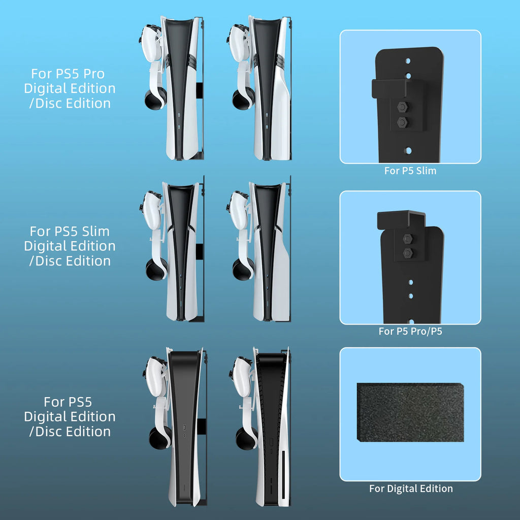 For PS5Pro/Slim Console Wall Mount Hook Set, Metal Wall Hanging Stand P5 with Controller&Headphone