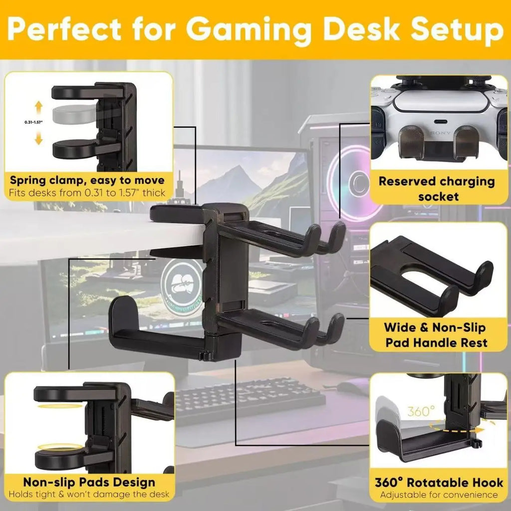 3-in-1 Headset & Controller Stand W/ Adjustable Clamp, Rotating Arm & Cable Management. Gaming Headphone & Controller Holder