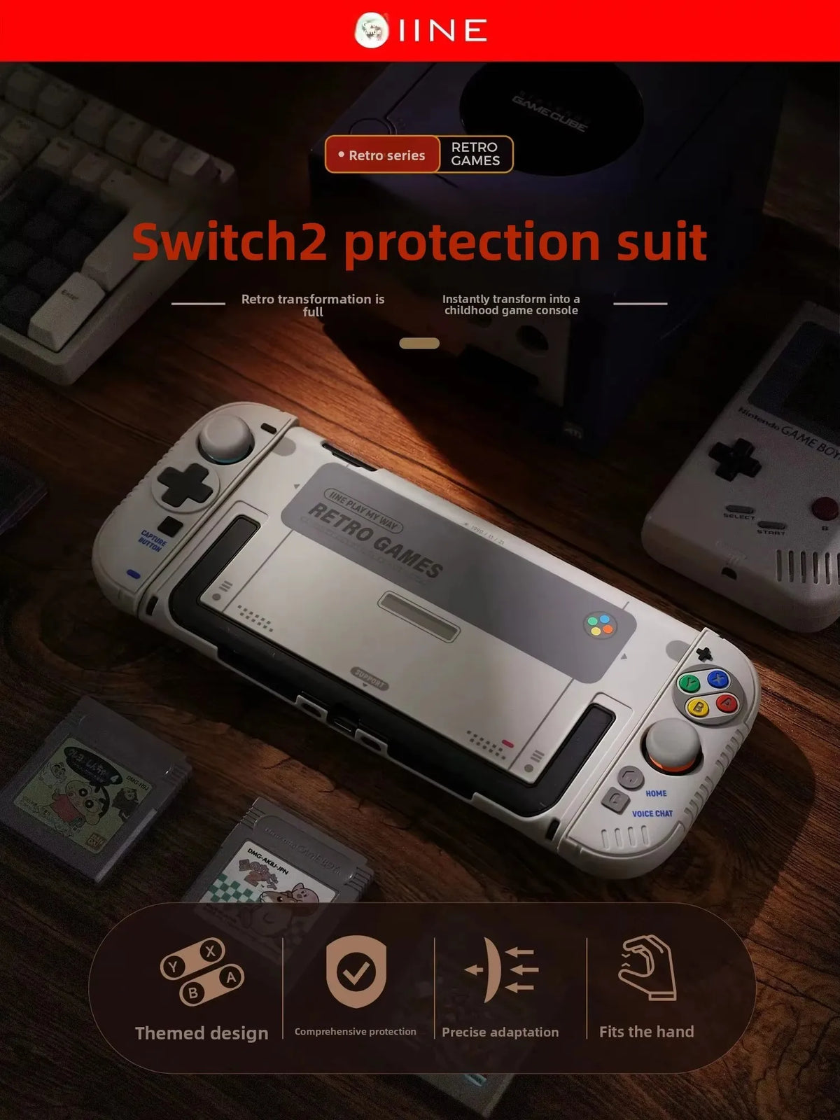 IINE Protective Case Retro Game Console Hard Shell For Switch 2 Handle Silicone Cover Thumb Grip Caps Gaming Accessory