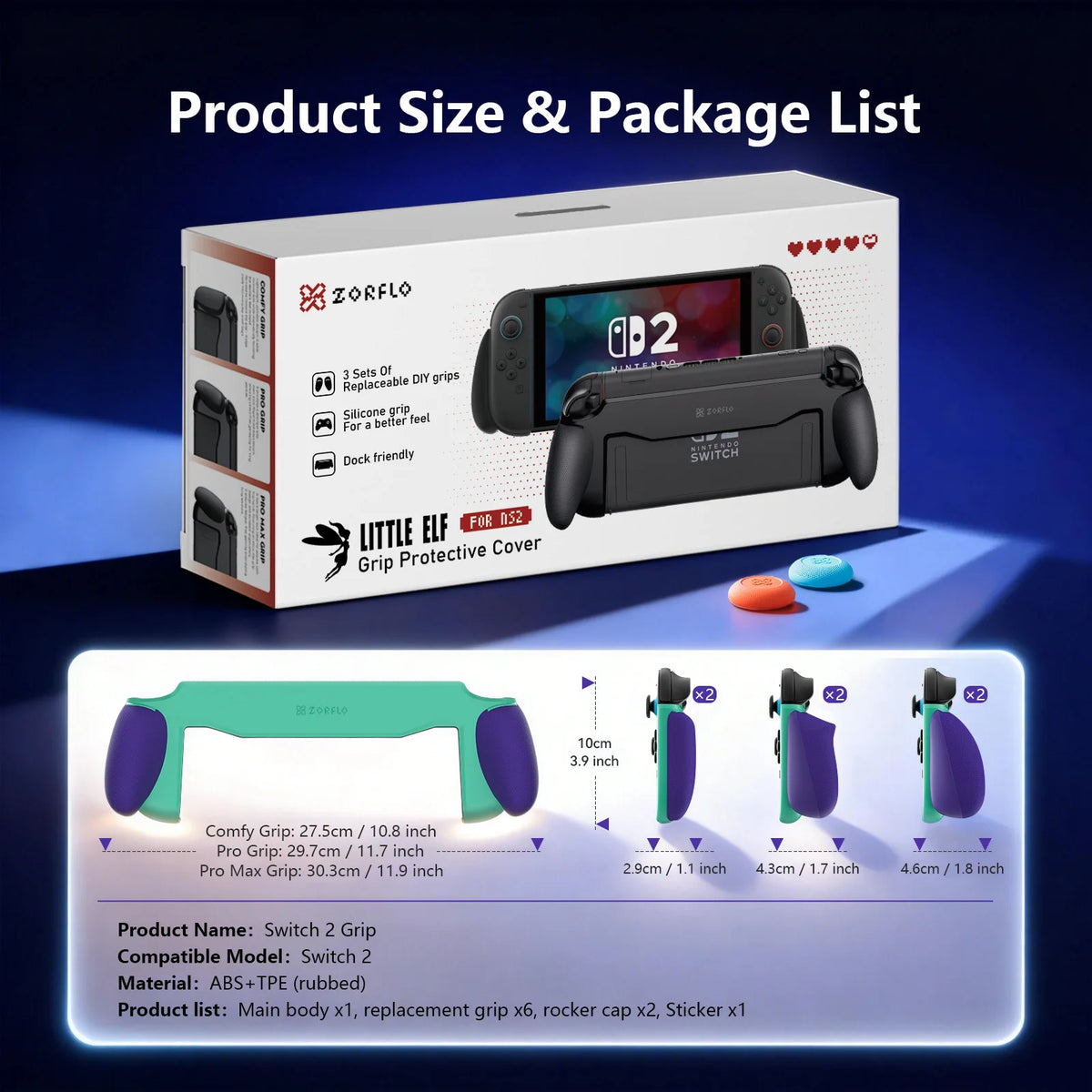 Ergonomic Silicone Grip for Nintendo Switch 2, Non-Slip Replaceable Grips with 3 Sizes, Designed for Handheld Gaming, Dock Compa