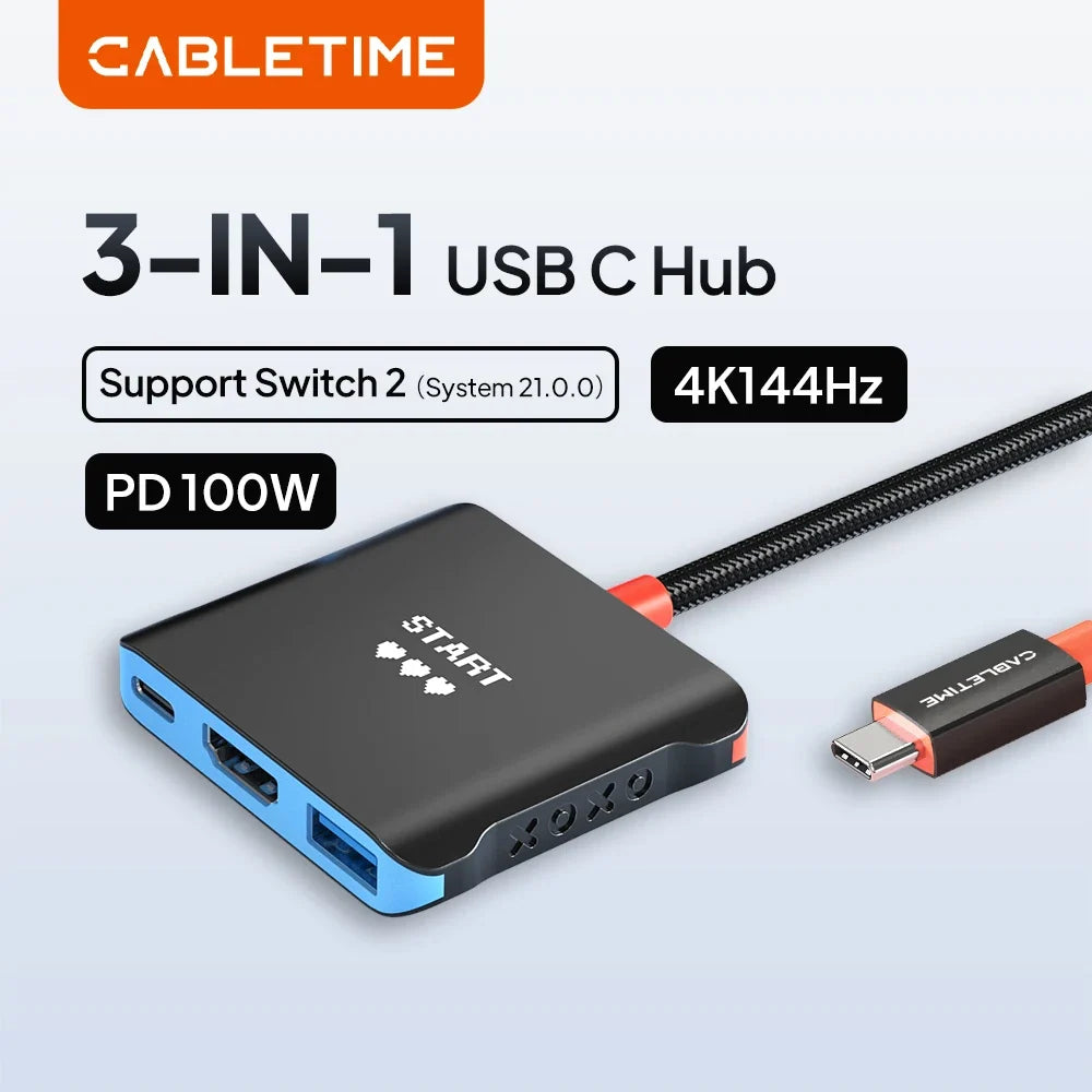 CABLETIME 3 in 1 USB C Hub for Nintendo Switch 2/Steam Deck 4K144Hz PD100W 5Gbps Portable TV Dock Station with Switch Port