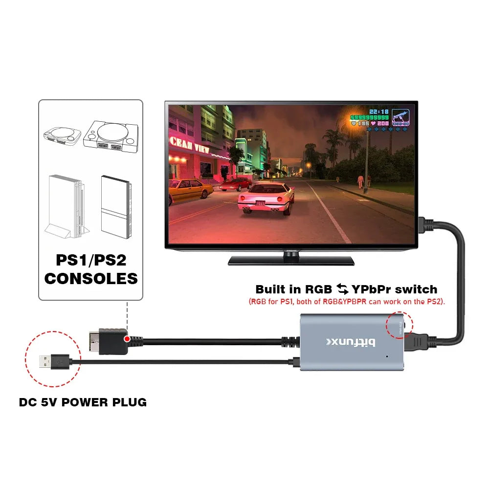 BitFunx HDMI™ Converter For PS2/PS1 Game Consoles With RGB to YPbPr Switch Video Adapter For PS1