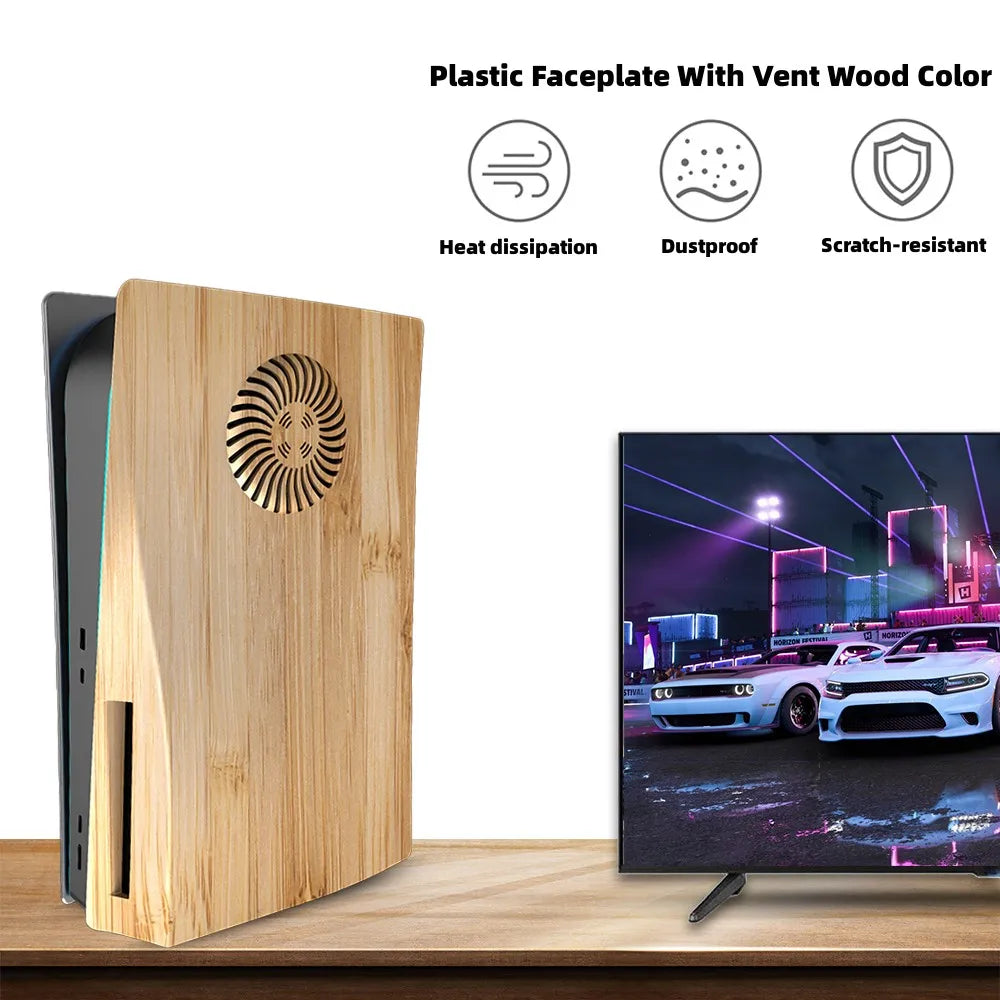 Disc Edition Wood Color Faceplate with Cooling Vents for PS5 Anti-Scratch Dustproof Protective Cover Plates ABS Case