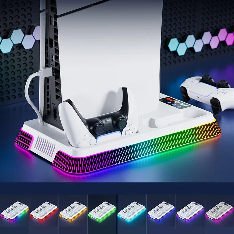 Multi-Functional Vertical RGB Cooling Stand for PS5/PS5 Slim/PS5 Pro – with Controller Charging Dock, Headset Hook & USB Port