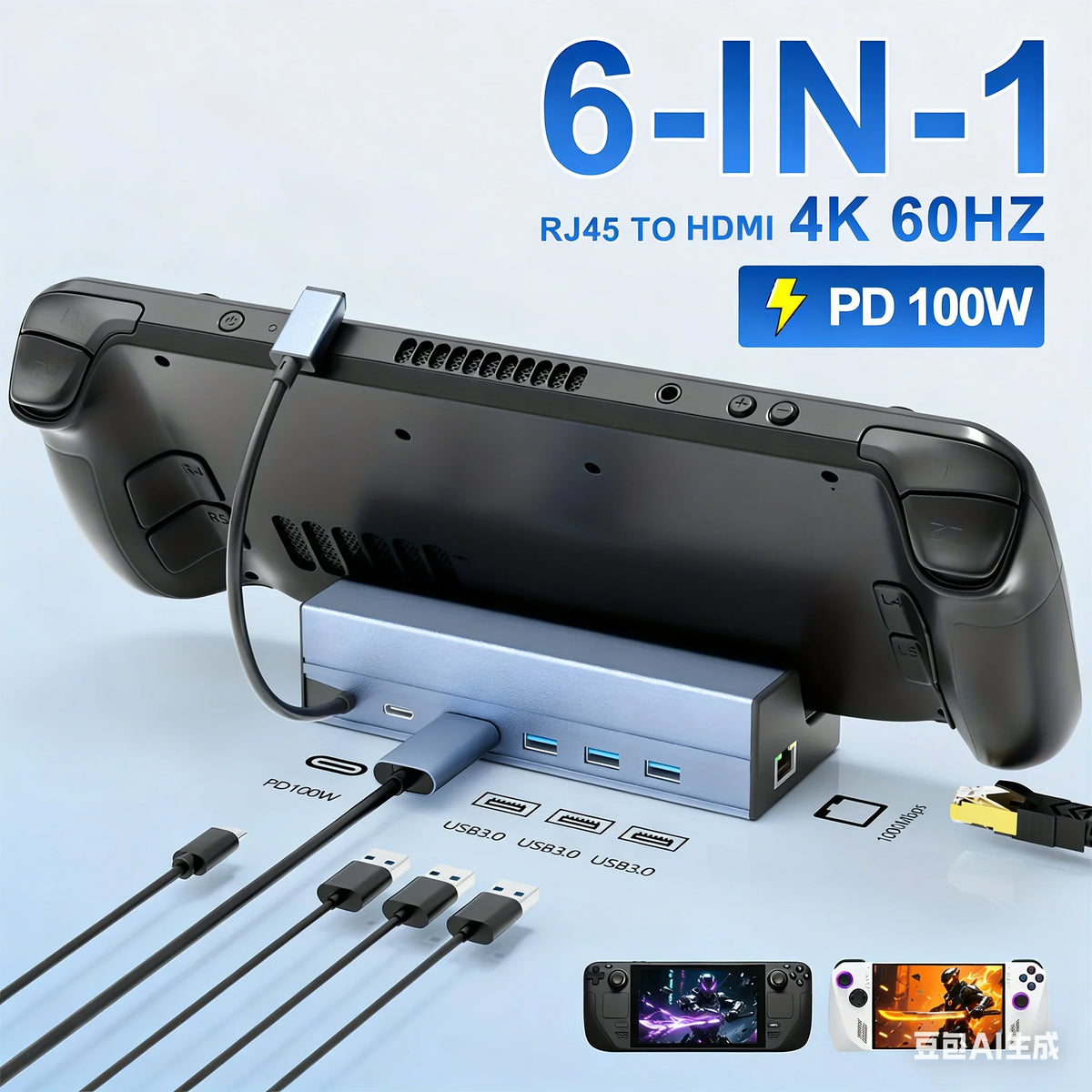 6-in-1 Steam Deck Dock, 4K HDMI 2.0, Ethernet, 3x USB 3.0, PD 60W