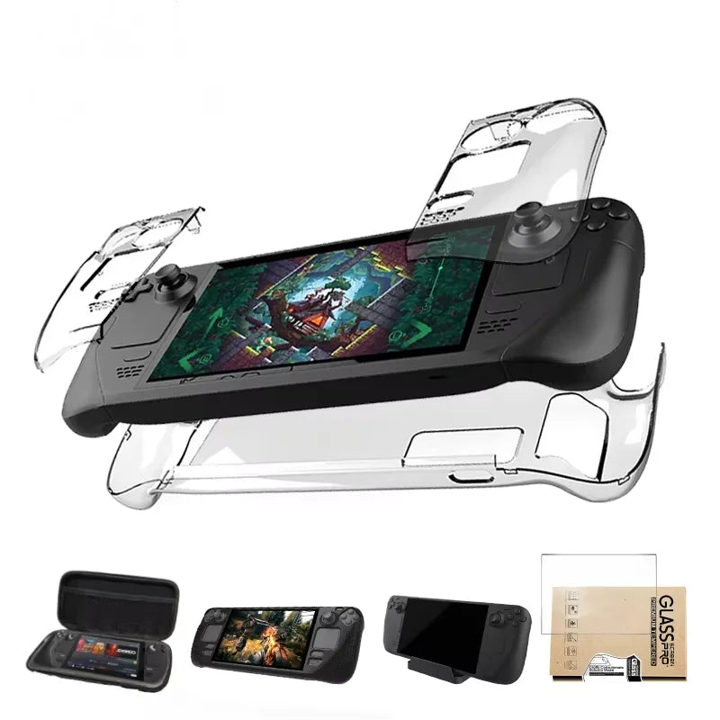 Portable Storage Bag + Crystal Shell + Tempered Glass + Dock Stand + Silicone Case for Steam Deck Accessories