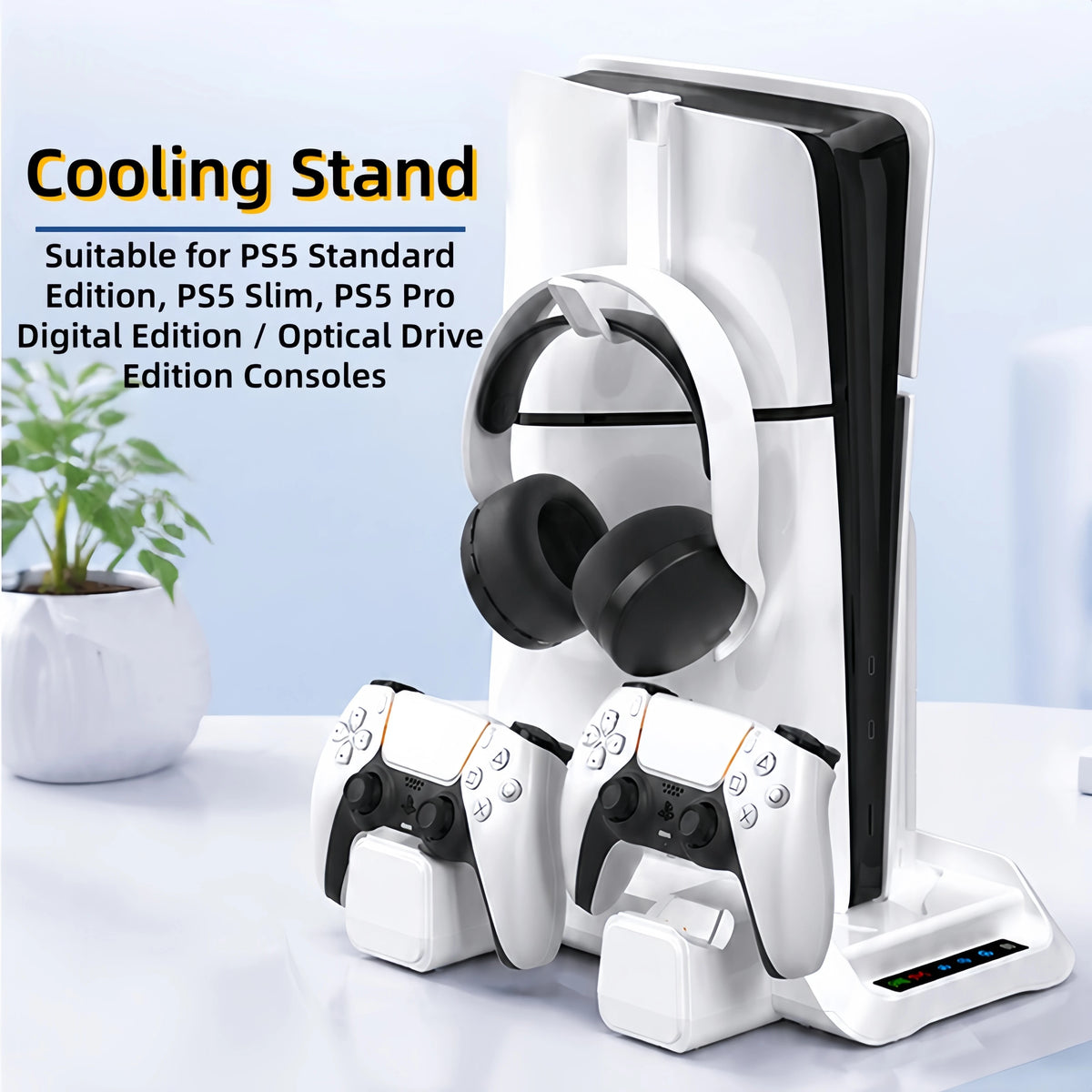 for PS5/PS5 Slim/PS5 Pro Stand with Headphone Hook Cooling Stand & Controller Charging Station for PS5 With 3 Levels Cooling Fan