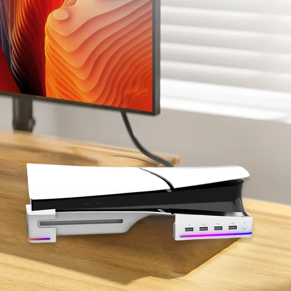 For PS5 Slim Horizontal Holder Base Stand Holder Stable with 4-Port USB2.0 Hub Host Rack Storage Holder for Playstation 5 Slim