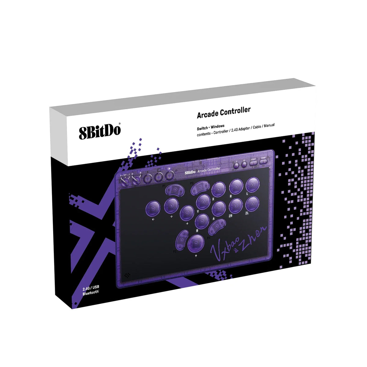 8BitDo Arcade Controller Transparent Purple Signature Edition, Wired, Wireless Bluetooth, 2.4G, Low-profile Mechanical Switches for Nintendo Switch / Switch 2 Windows