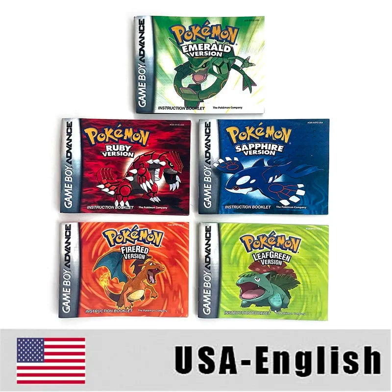 USA English IC Save Emerald,Ruby,Firered,Sapphire,Leafgreen  Metallic FoilFinish Box Trey Manual Game Cartridge for GBA
