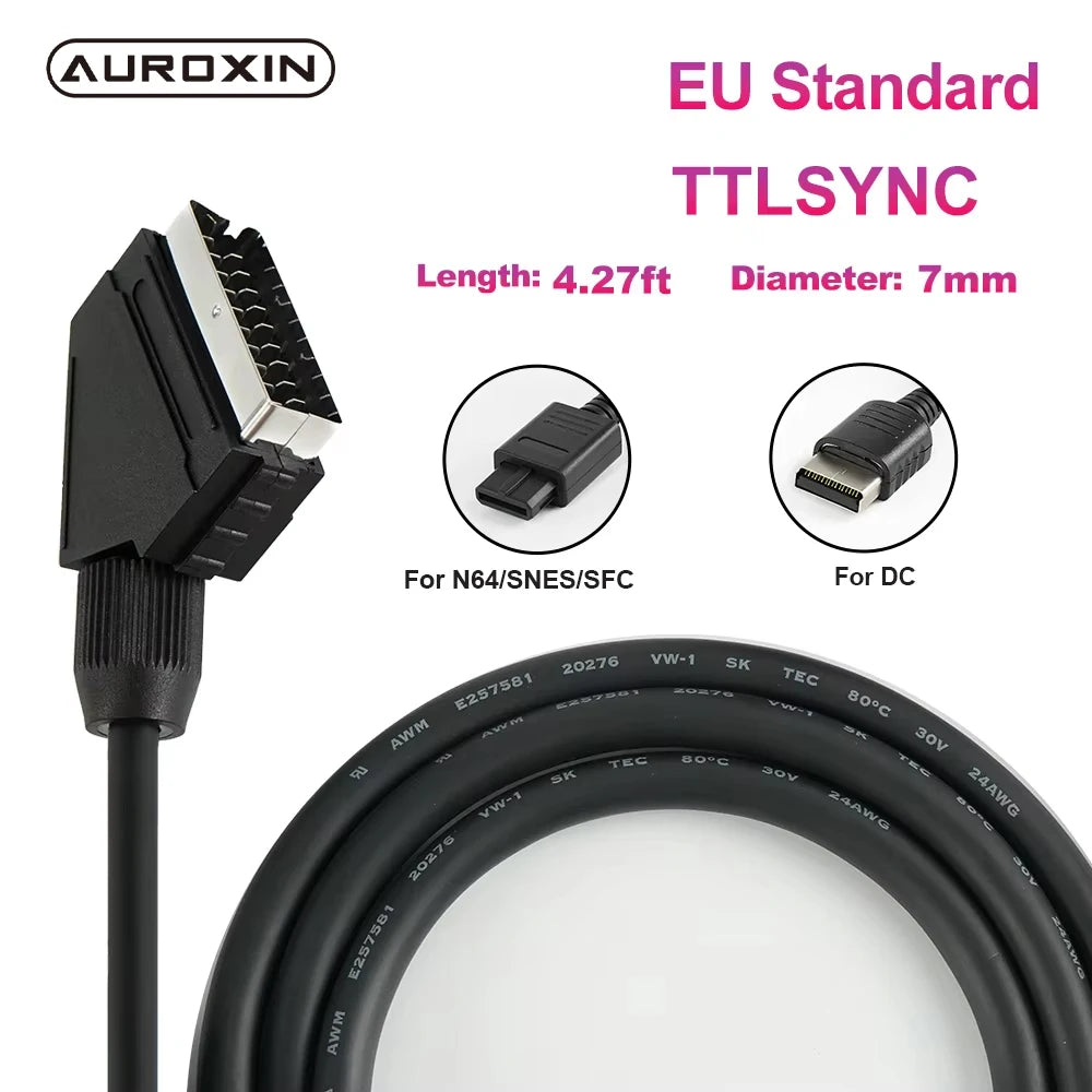 1.3m SCART Cable  TTL SYNC Singnal 24AWG  Professional Audio and Video Connection Solution For Dreamcast N64 SNES SFC
