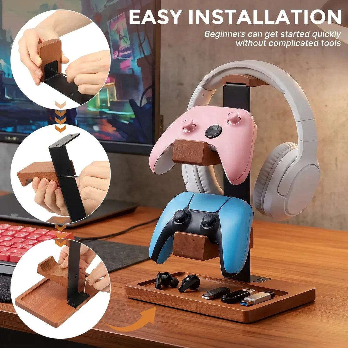 3-Layer Solid Wood Desktop Headphone and Controller Stand
