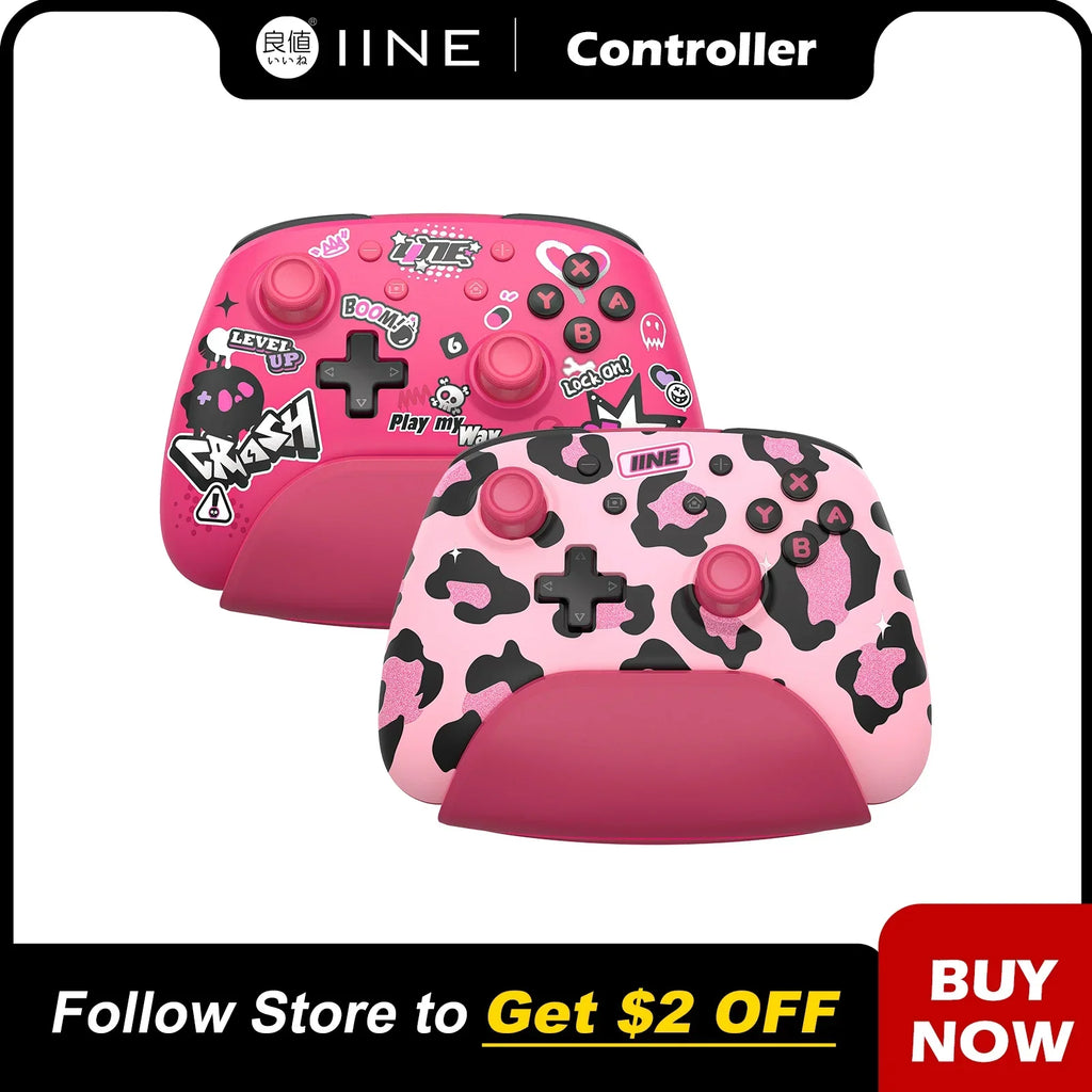 IINE Pink Wireless Controller with Charging Dock, NFC Amiibo