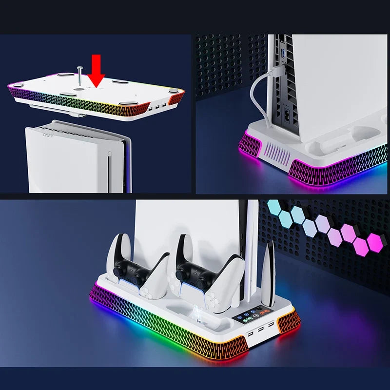 Multi-Functional Vertical RGB Cooling Stand for PS5/PS5 Slim/PS5 Pro – with Controller Charging Dock, Headset Hook & USB Port