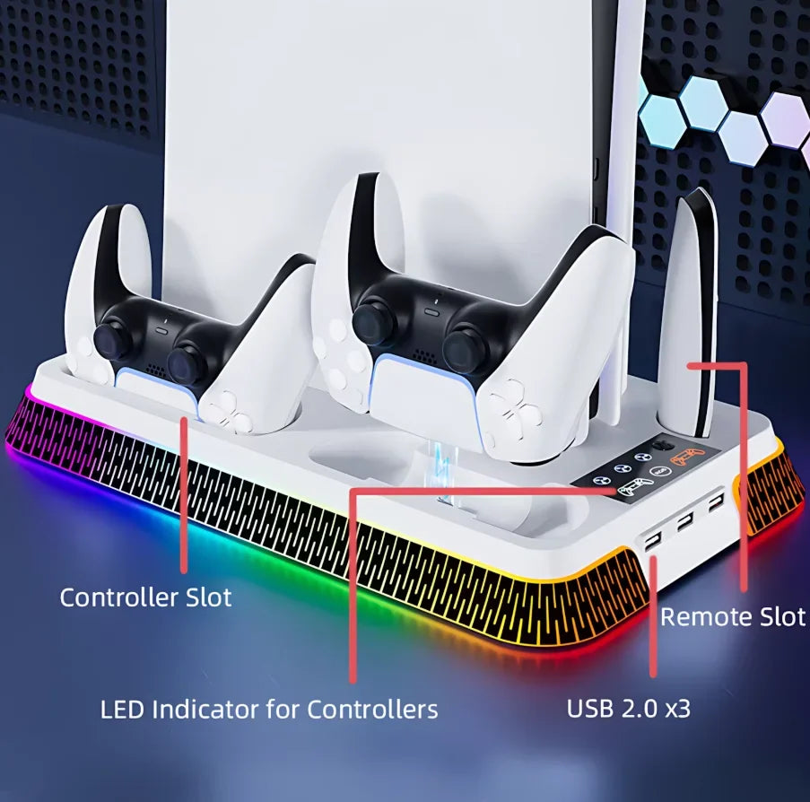 Multi-Functional Vertical RGB Cooling Stand for PS5/PS5 Slim/PS5 Pro – with Controller Charging Dock, Headset Hook & USB Port