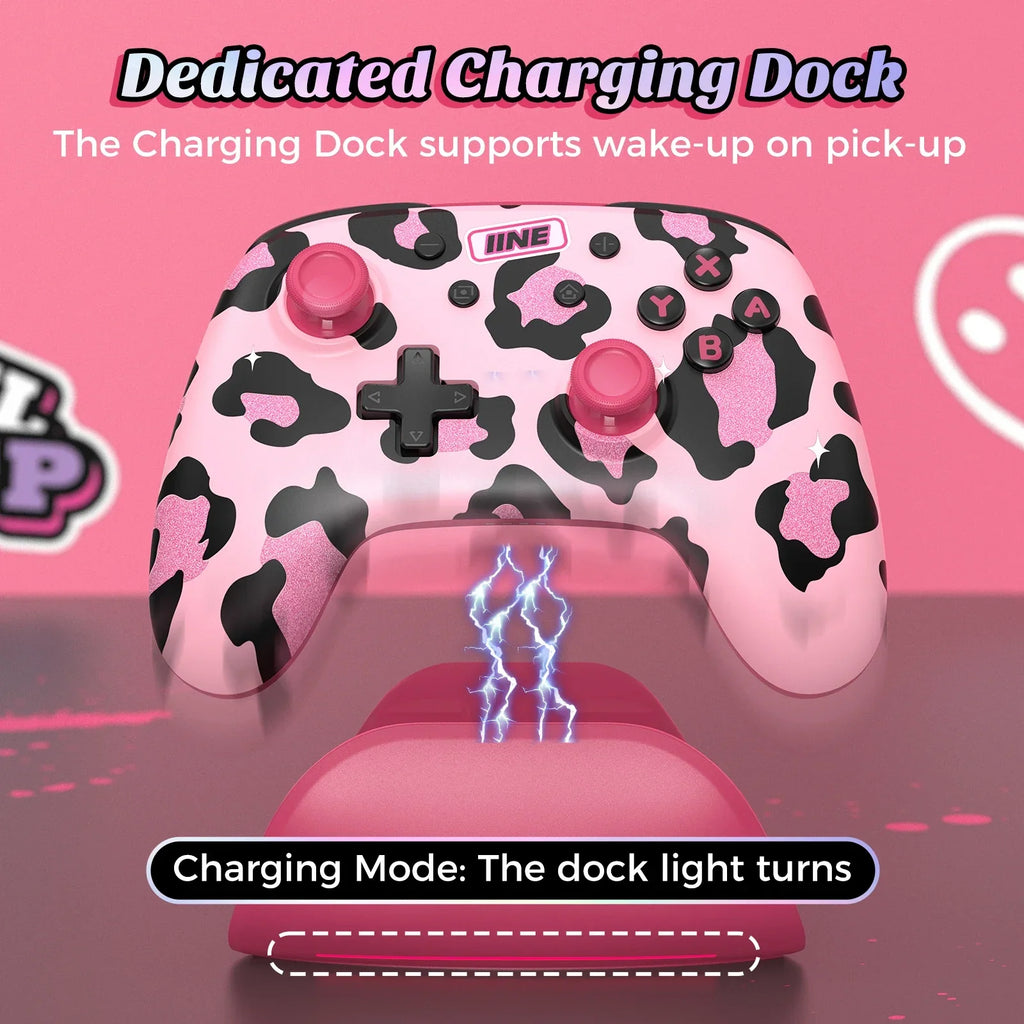 IINE Pink Wireless Controller with Charging Dock, NFC Amiibo