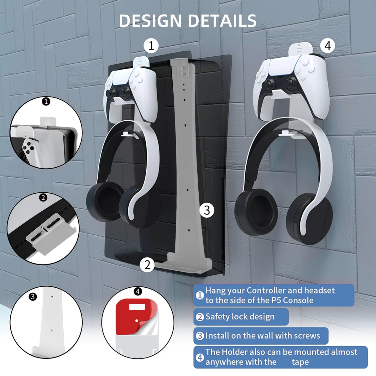 For PS5Pro/Slim Console Wall Mount Hook Set, Metal Wall Hanging Stand P5 with Controller&Headphone