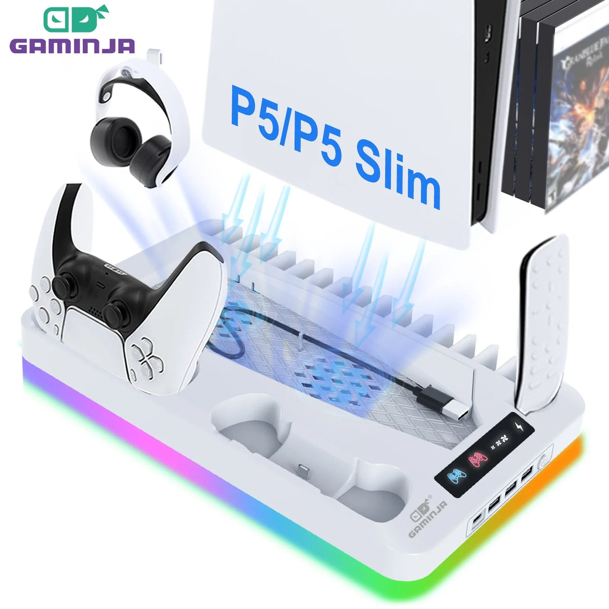 GAMINJA P58 RGB Cooling Stand for PS5 Slim with Charging Dock