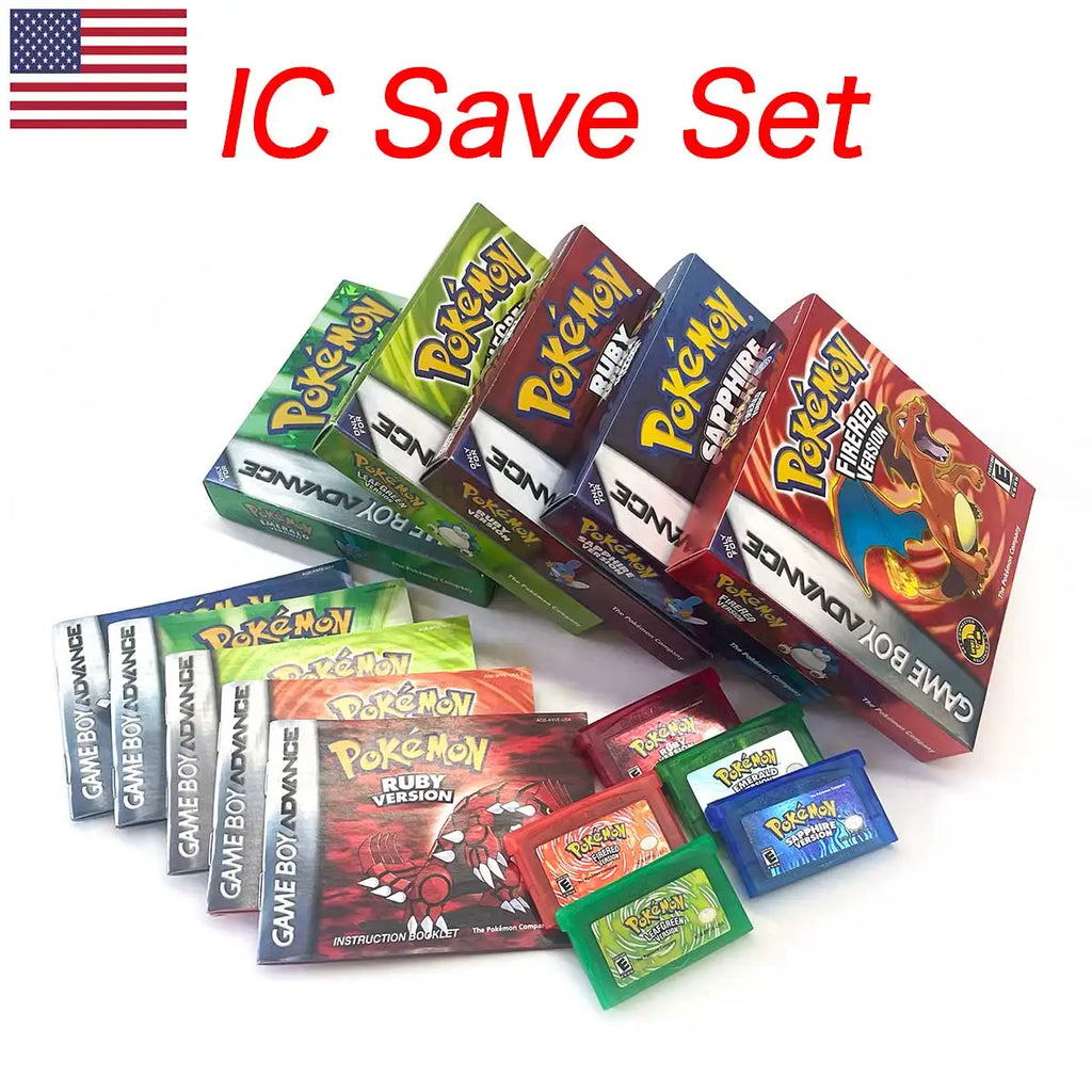 USA English IC Save Emerald,Ruby,Firered,Sapphire,Leafgreen  Metallic FoilFinish Box Trey Manual Game Cartridge for GBA